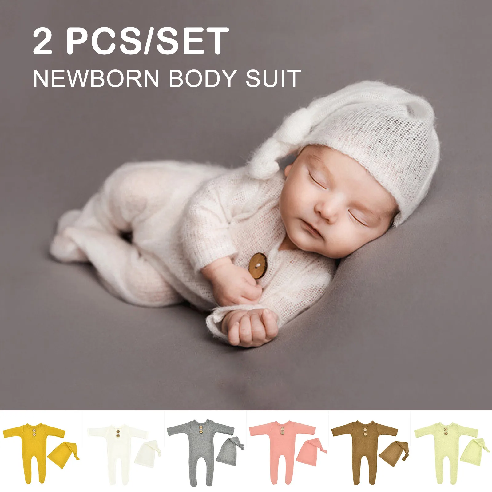 Accesorio para fotografía de bebés recién nacidos, Pelele con pies, monos tejidos con botones, conjunto de sombrero con nudo, nuevo accesorio para fotografía de bebés, ropa de 0 a 3 M, 2021