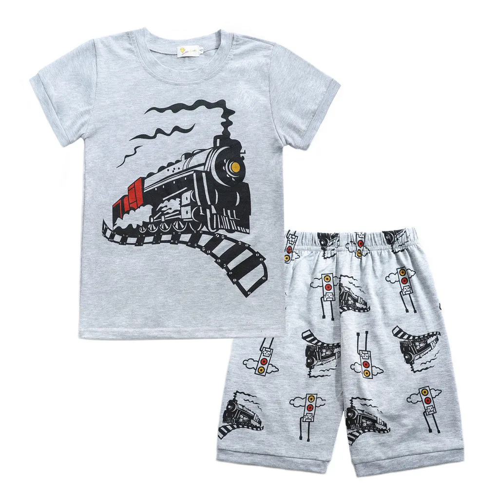 Kids Summer Clothes Toddler Baby Boy Cartoon Tops T-Shirt Train Shorts Outfits Set Sleepwears Vetement Enfant Garcon For 12M-5Y | Детская