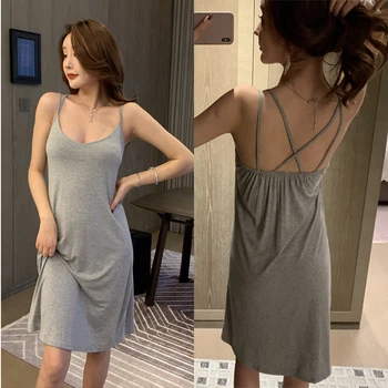 

Modal Cotton Soft Elastic Nightgown for Woman Pure Color Spaghetti Strap Backless Sexy Loungewear Pajamas Night Dress Female