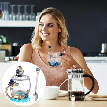 

Beautiful Enamel Glass Cup Set Flower Design Glass Water Cup Gift (Short Blue)