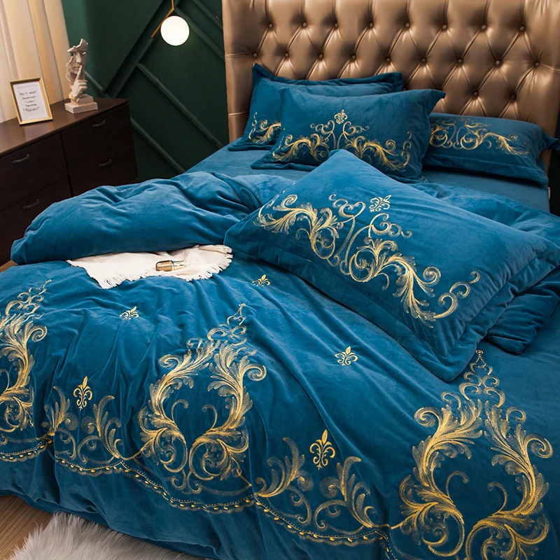 Waliicorners Luxury Green Blue Brown European Gold Embroidery Winter Fleece Flannel Velvet Bedding set Duvet cover Bed Sheet/Linen Pillowcase 24 IMG_7221