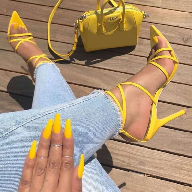 

2020 Summer 11cm High Heels Women Cross Up Toe Sandals Strappy Yellow Pumps Valentine Gladiators Open Toe Fetish Red Dress Shoes