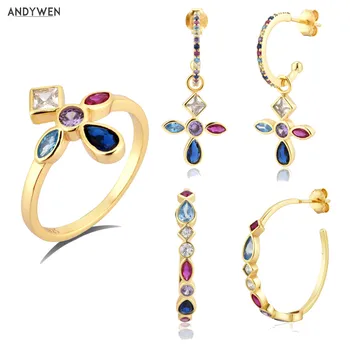 ANDYWEN 925 Sterling Silver Five Color Gold Rainbow Cross Drop Earring Hoops Piercing Ring Jewelry Set For Women Fashion Jewels