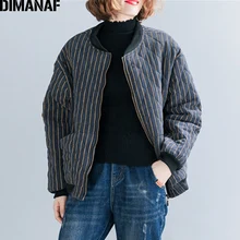 DIMANAF, осенне-зимняя женская куртка-бомбер, пальто на молнии, женская верхняя одежда свободного размера плюс, в полоску, утепленная хлопковая одежда