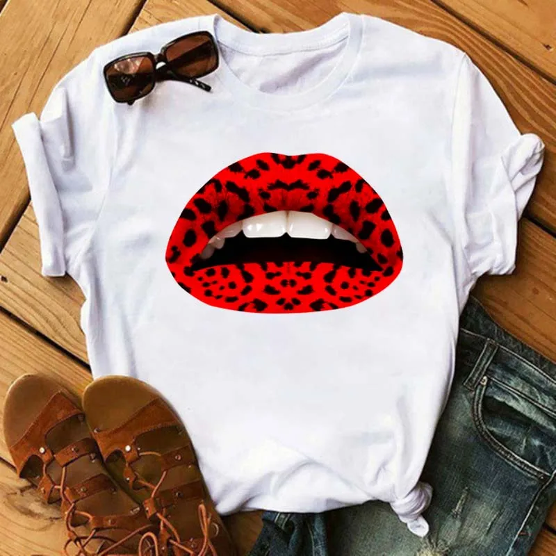 New Fashion Women's Casual Lip Printed T-Shirt Summer Short Sleeve T-Shirts Vintage Funny Leopard Lips T-Shirt Femme Black Tops t shirt Tees