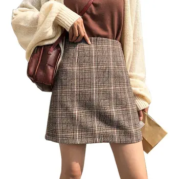 

Women Skirt Vintage Autumn High Waist Bag Hip Woolen Wild Skirt Plaid Print A-Line Casual Skirts