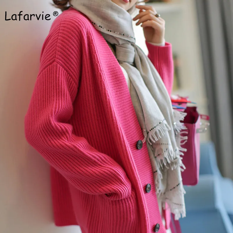 rose red Lafarvie вязаный шерстяной кардиган свитер женские топы v-образный вырез длинный рукав с карманами однобортный толстый теплый свободный свитер женский - Цвет: rose red