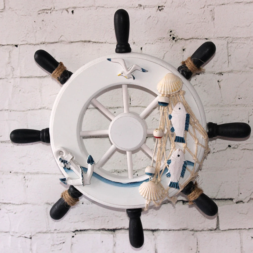 Wood Ship Wheel Nautical Seaside Wall Hanging Hook Nautical Door Plaque Signs for Home Garden Room Wall Decor Cafe Shop Ornament