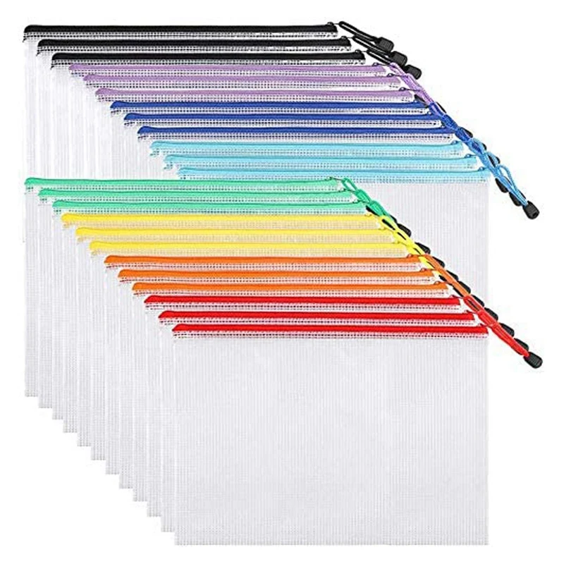 24 Uds bolsa de documentos con cremallera de malla, carpetas de archivos con cremallera de plástico, tamaño de la letra/tamaño A4, para suministros de oficina