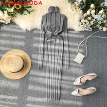 ALPHALMODA осеннее и зимнее рваное платье Новые пуловеры с высоким воротником и длинными рукавами тонкое трикотажное платье однотонное короткое простое платье