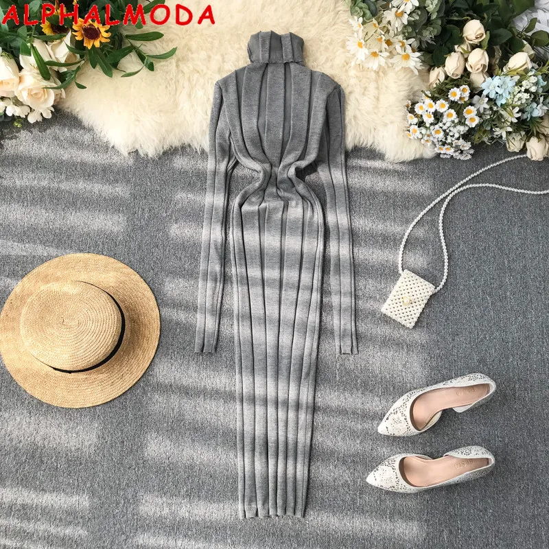 

ALPHALMODA Autumn and Winter Ripped Dress New Turtle Neck Long-sleeved Pullovers Slender Knitted Dress Solid Brief Simple Dress