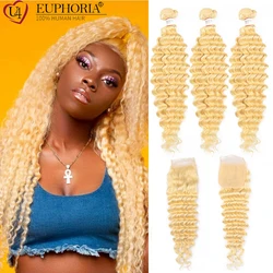 Platinum Blonde Hair Deep Wave Bundles With 4x4 Closure 613 Brazilian Remy Human Hair Wavy Bundles With Lace Closure EUPHORIA