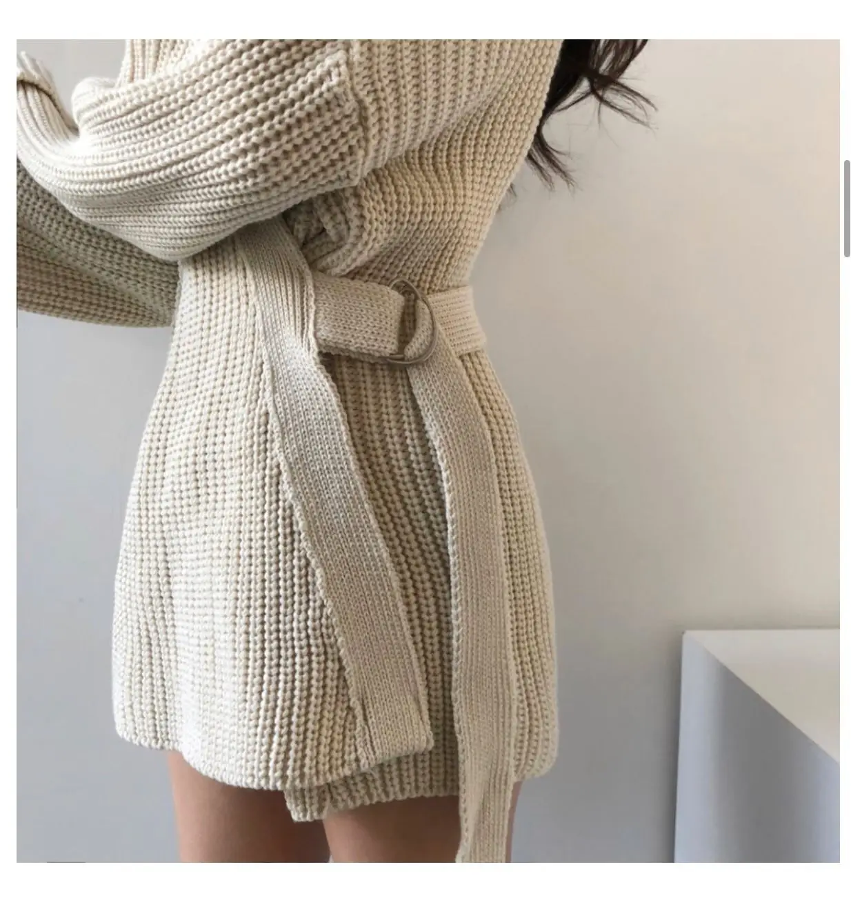 Neploe Lace Up Slim Waist Knitted Cardigan Long Sleeve V-neck Medium-long Sweater Coat Korean Autumn Winter Jumper Jacket 55718