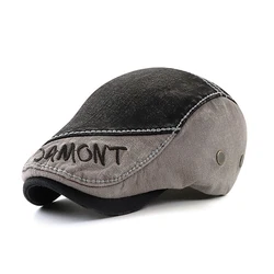 Wuaumx Brand Men's Visors Washed Cotton Berets Hat Middle Aged Patchwork Newsboy Cap Letter Embroidery Cabbie Flat Hat Sun Cap