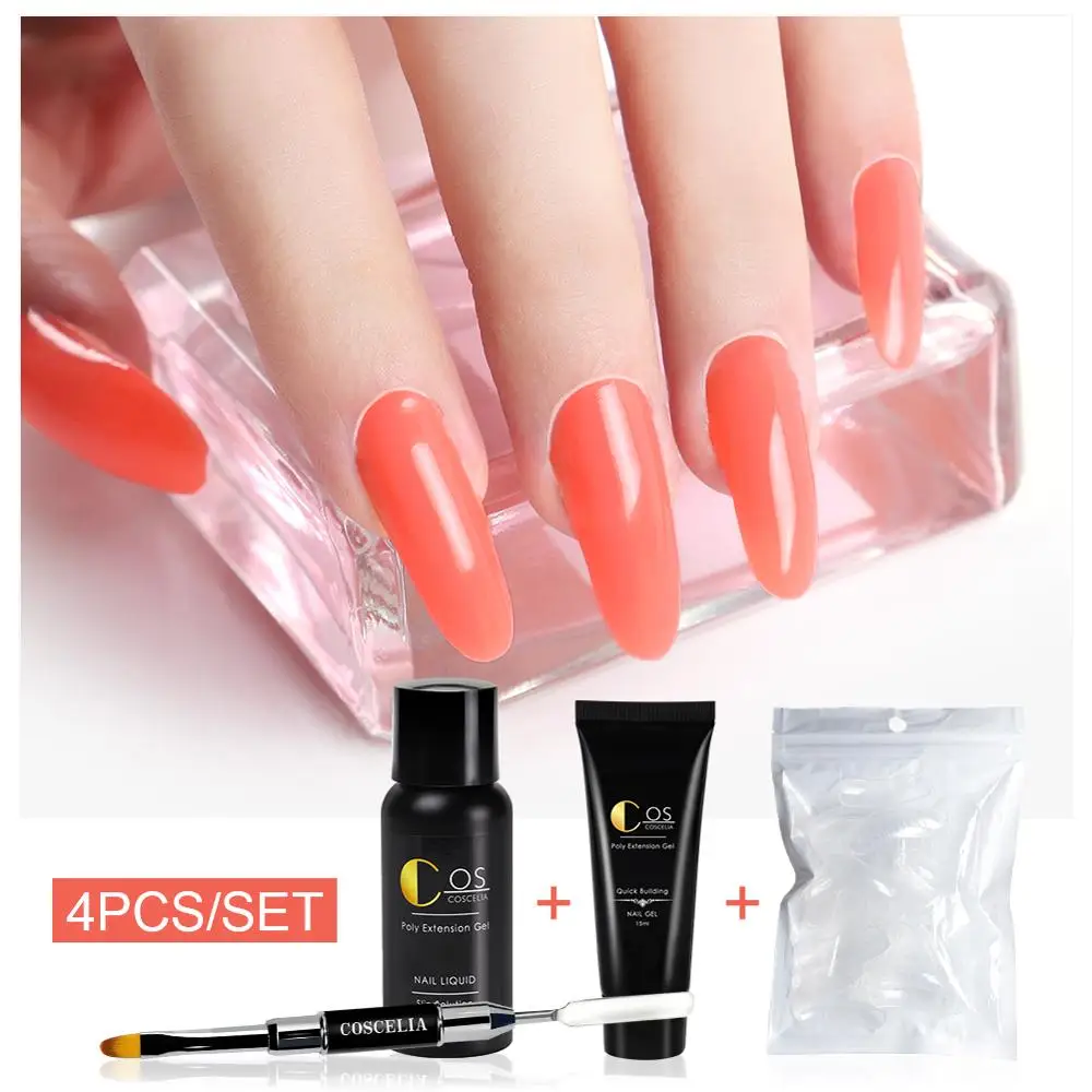COSCELIA 4 шт./компл. поли удлинитель гель Наборы Nail Art французский ногтей прозрачный розовый белый Цвета накладные ногти с украшением в виде кристаллов УФ-гель ломтик Кисть для ногтей