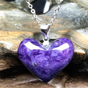 

Top Natural Heart Purple Charoite Pendant Necklace Jewelry For Woman Man Crystal 19x8mm Beads Stone Silver Sterling Chain AAAAA