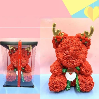 

40cm Teddy Bear of Rose Artificial Flowers PE Rose Bear Antlers Rose Bear for Valentines/Wedding/Christmas Gift Pink