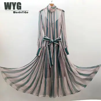 

Bogger Fashion Style Runway Dresses Women 2020 Spring Summer New 100% Real Silk Long Sleeve Green Striped Dress