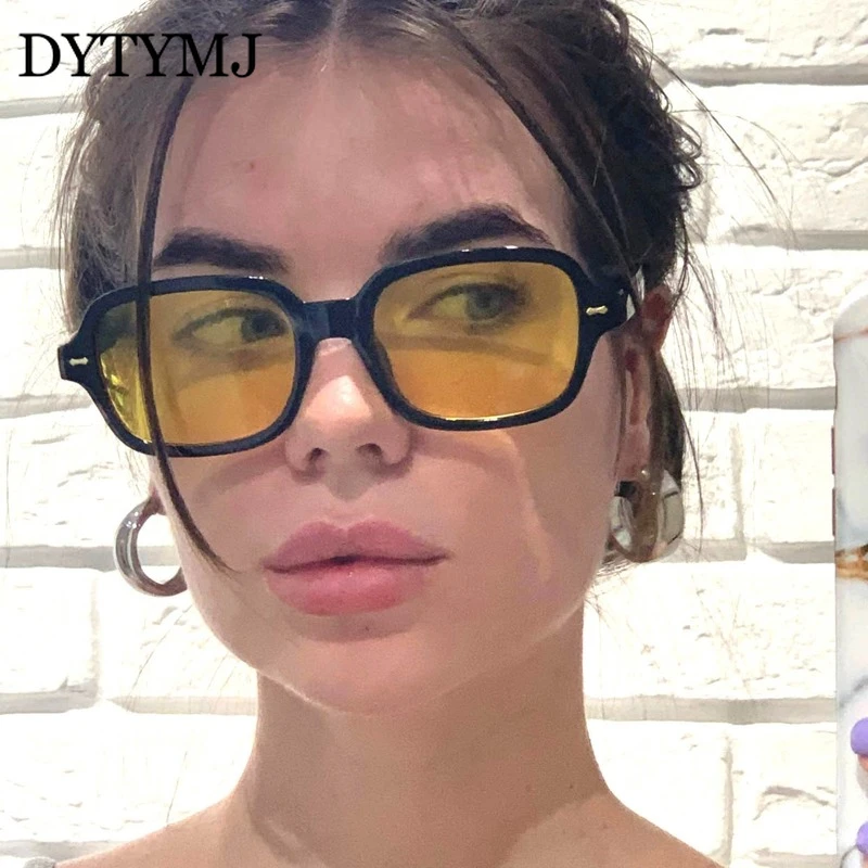 DYTYMJ Square Sunglasses Women 2022 Luxury Brand Designer New Retro Clear Yellow Sun Glasses Men Vintage Rivet Shades for Women round sunglasses women