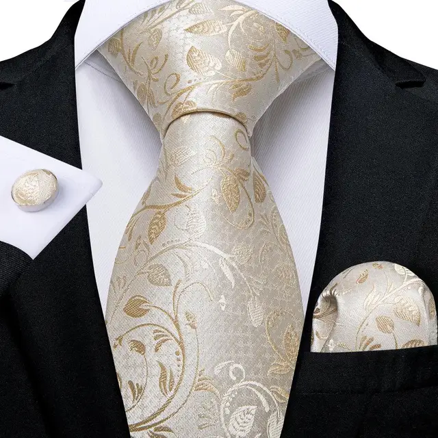 Hi-Tie Champagne Beige floreale solido Design cravatta da sposa in seta per uomo qualità Hanky gemello moda nichel affari Dropshipping 2