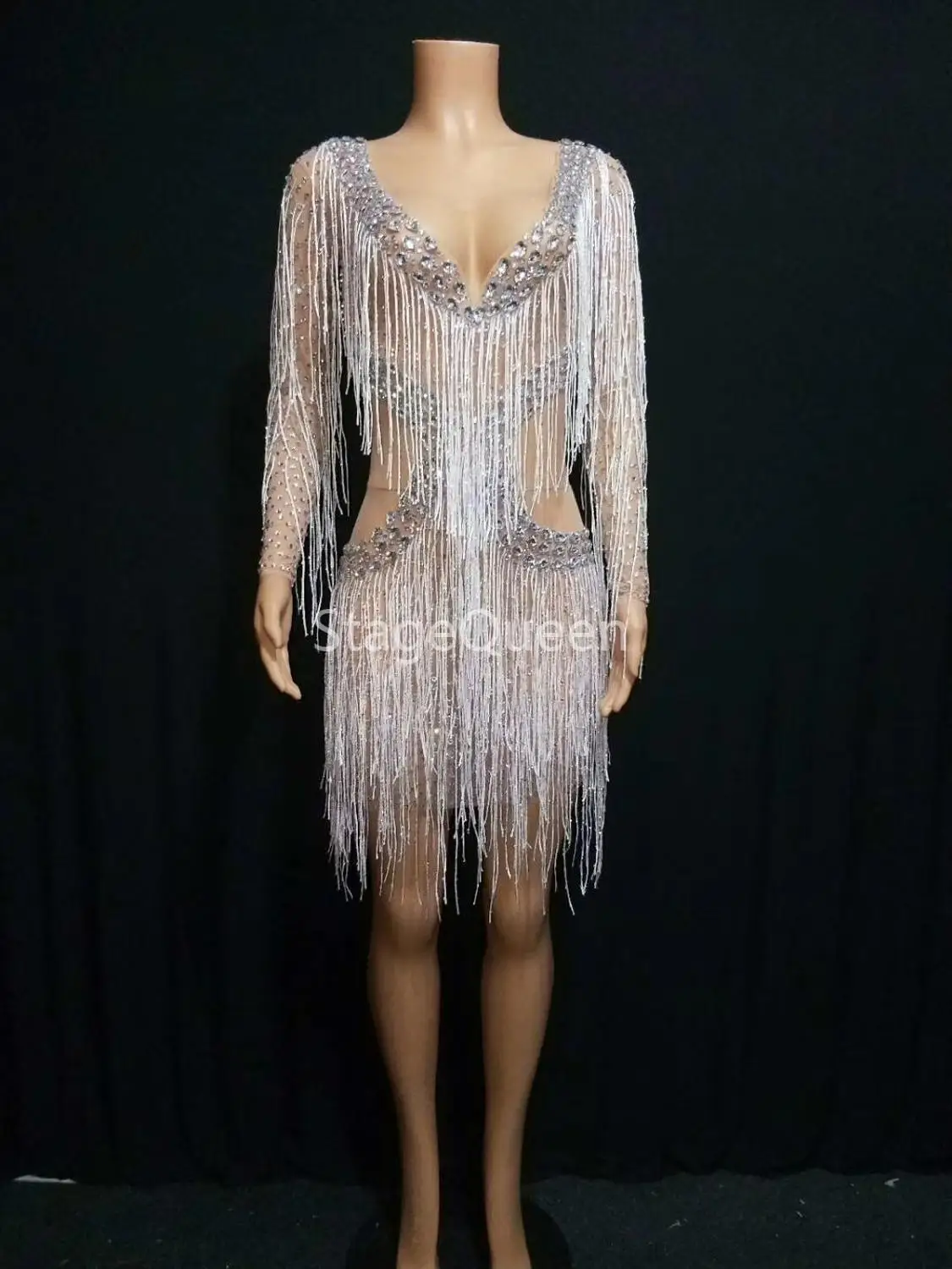 

New Silver Rhinestones Fringes Dress Lady Prom Evening Outfit Bar Singer See Through Mesh Dress Shining Birthday Tassels Dress