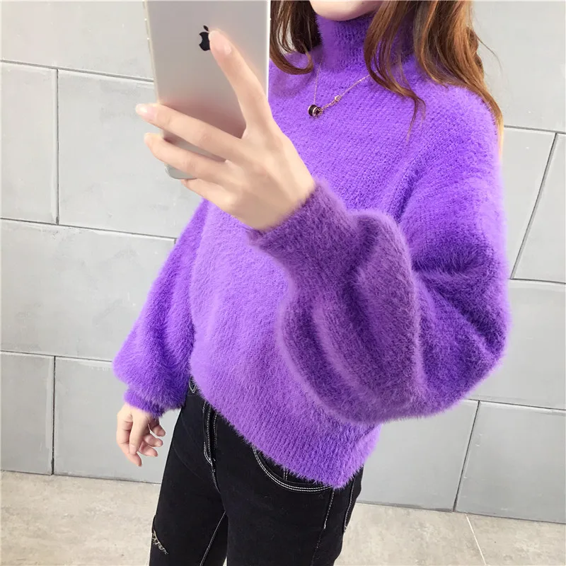 Короткий свитер фиолетовый каваи шерстяной зимний для девочек мохер осенний пуловер с рукавами-фонариками свободный кашемировый бархатный вязаный