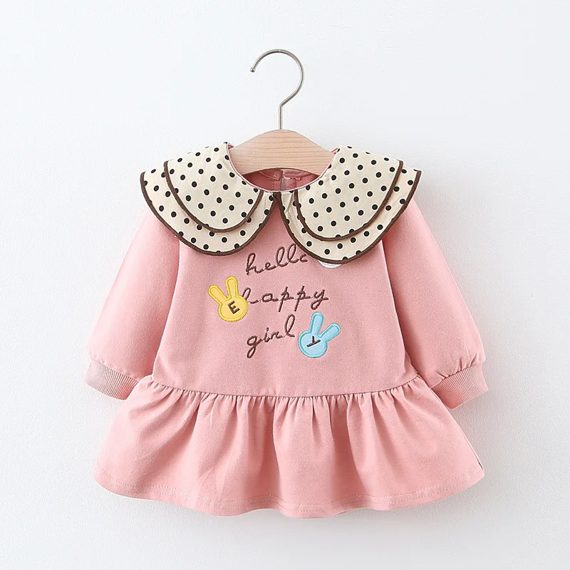 Весеннее платье для маленьких девочек, платье с круглым воротником и вышивкой кролика
