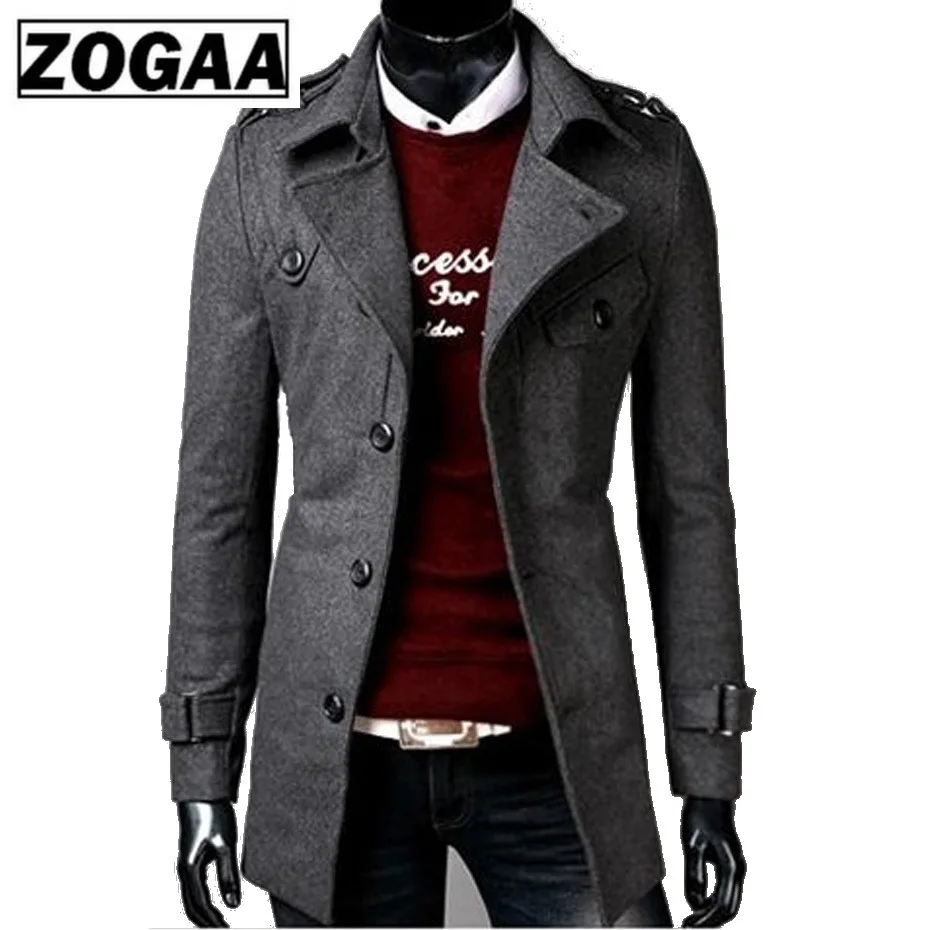 ZOGAA брендовый мужской длинный Тренч, модное однотонное декоративное осеннее Мужское пальто с большими пуговицами, приталенное пальто, верхняя одежда для мужчин