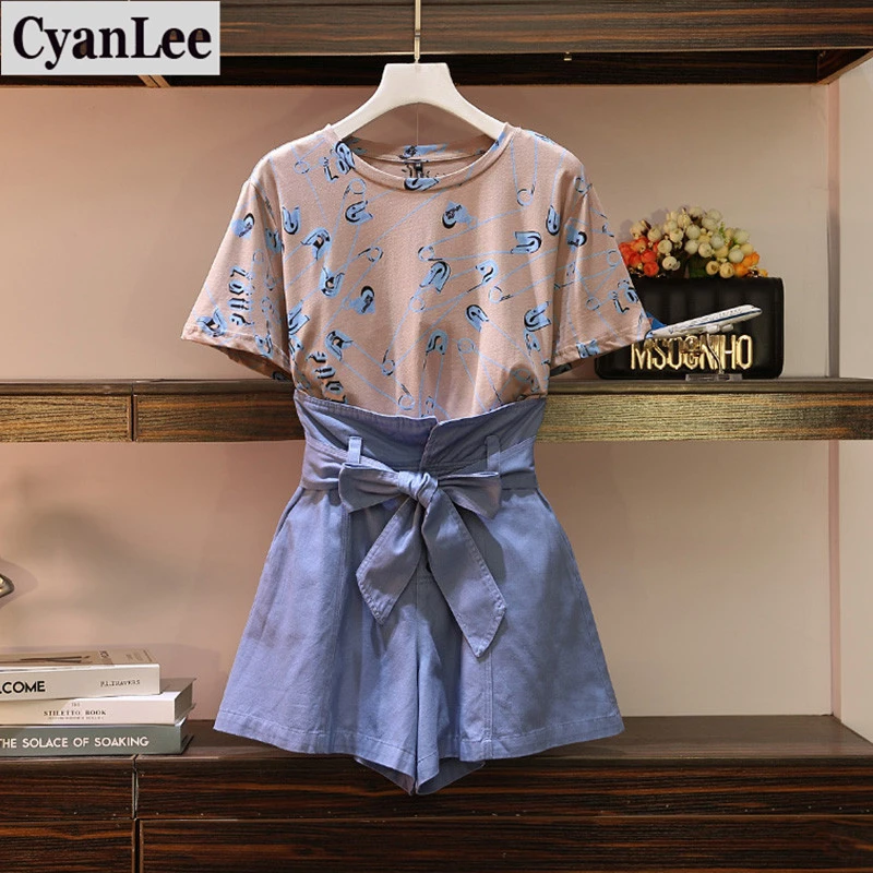 Cyanlee Лето 2020 шикарный Pin pattern Хлопок Футболка и Лук Кружева Широкие шорты костюмы