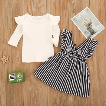 

Baby Girls Clothes Sets Ruffles Fly Sleeve T Shirt Striped Strap Suspender Skirts Set Outfits Cotton Cute Korean Newborn Sets