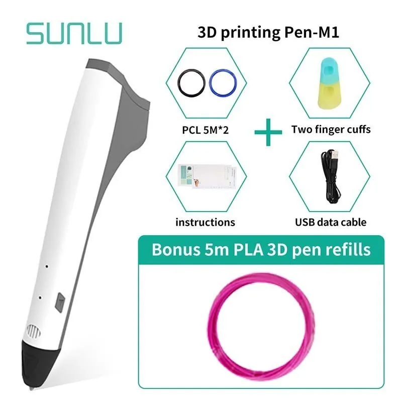 M1-5.1-White SUNLU Prince M1 3D Печатающая ручка набор в подарочной коробке Детская Scribble 3D коробка для ручек набор с PLA нити низкотемпературная 3D Ручка - Цвет: M1-5.1-White