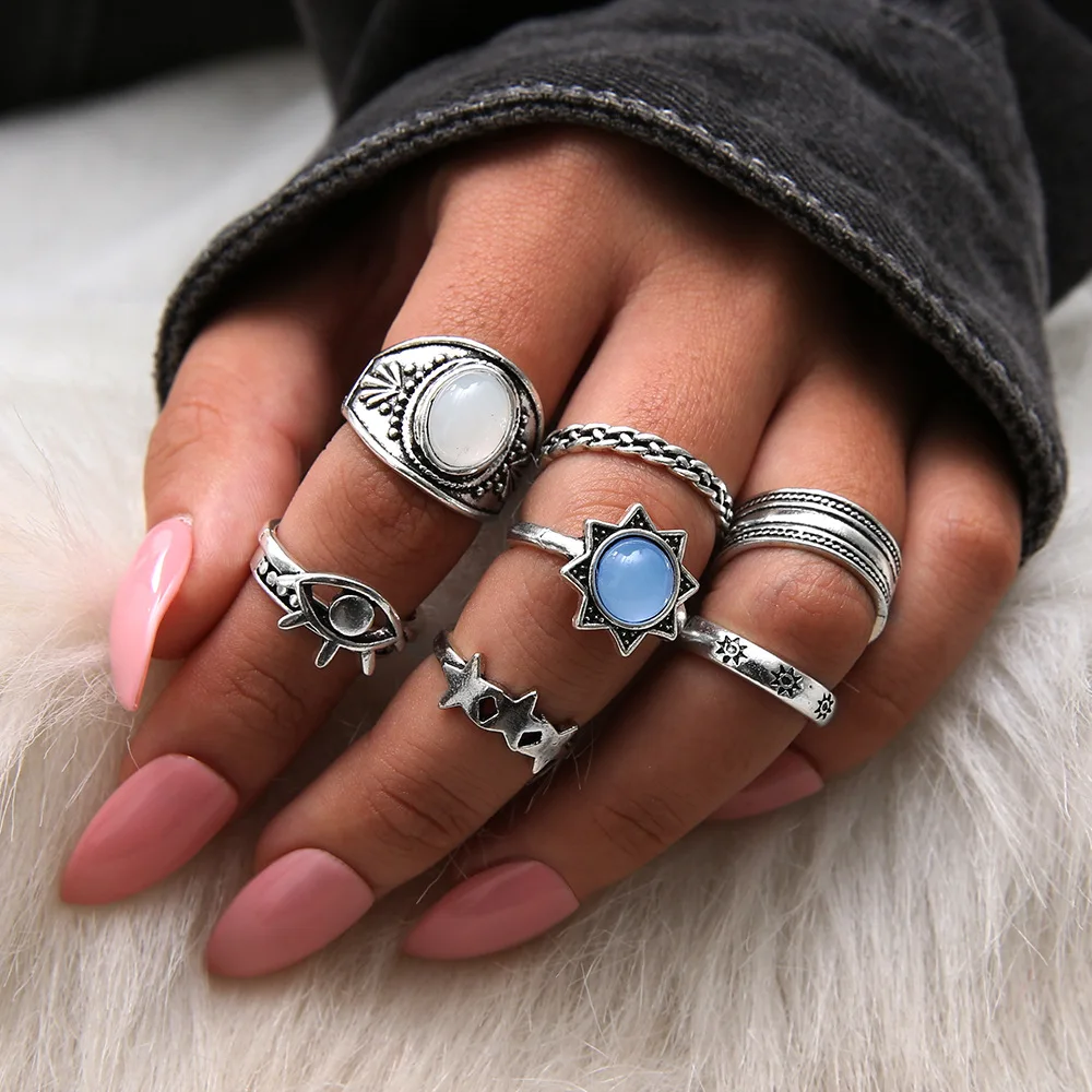 Halloween Rings for Women Alloy Ancient Star Seven Piece Set Retro Ring Jewelry Whole Sale Bagues Inverted Snake Anillos | Украшения и