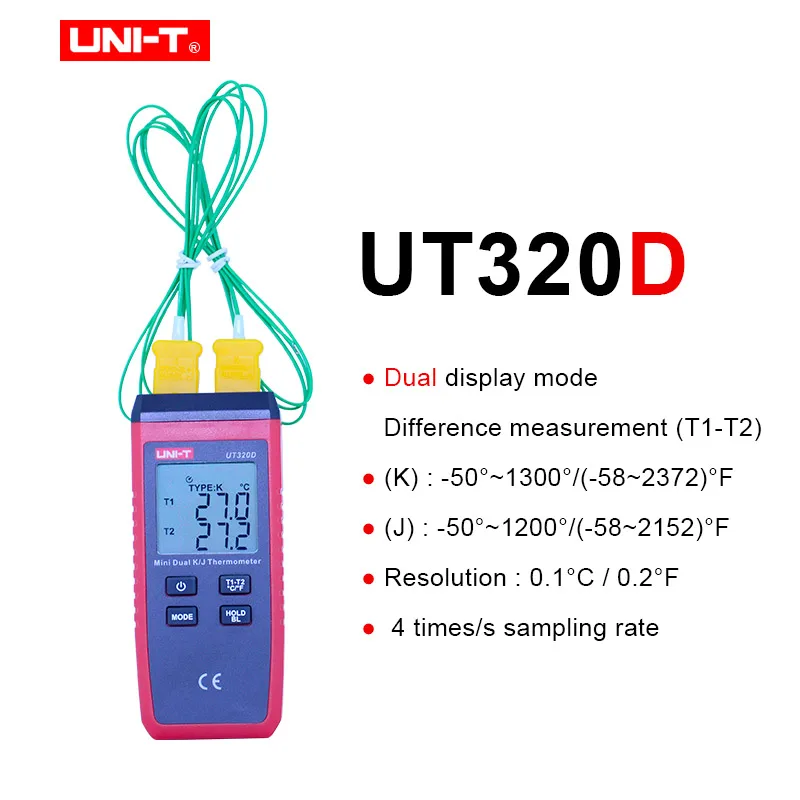 UT320D UNI-T UT320A UT320D мини Тип контакта двухканальный K/J измеритель температуры термометр термопары подсветка данных держать выключен авто - Цвет: UT320D