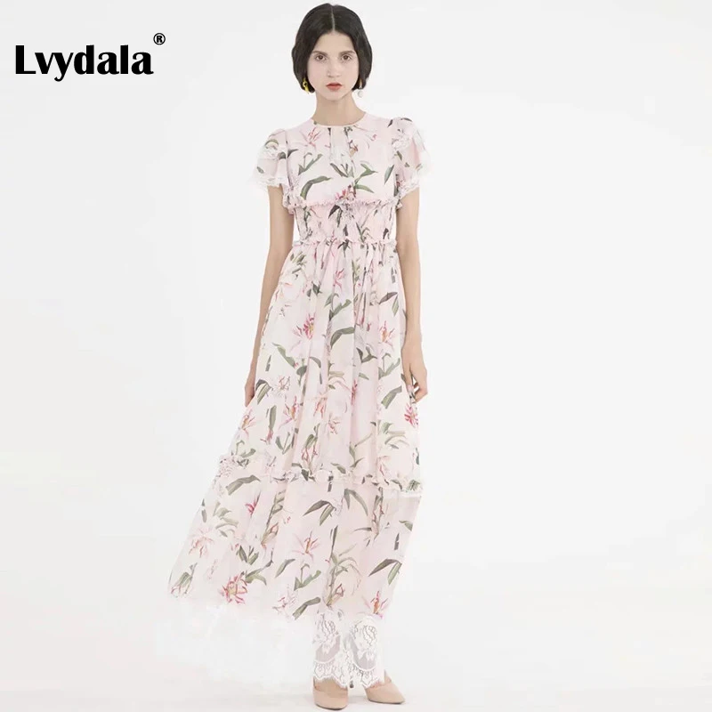 Lvydala, модное дизайнерское подиумное платье, весна-лето, женское розовое платье, кружева, лилия, цветочный принт, эластичный пояс, платья