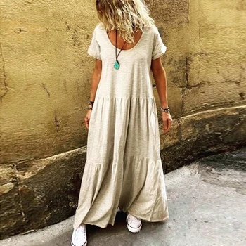 

2020 Women Summer Ruffles Party Maxi Dresses Casual O-neck Vestidos Dress Loose Solid Color Pleated Plus Size Sundress 4XL 5XL