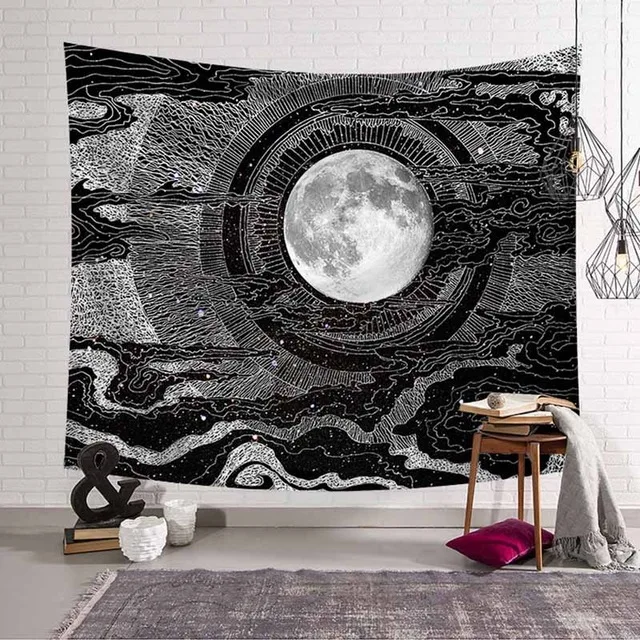 Психоделический космический горный гобелен с Луной настенный черный белый хиппи тонкая настенная ткань гобелен одеяло полиэфирное покрывало - Цвет: 148x130cm