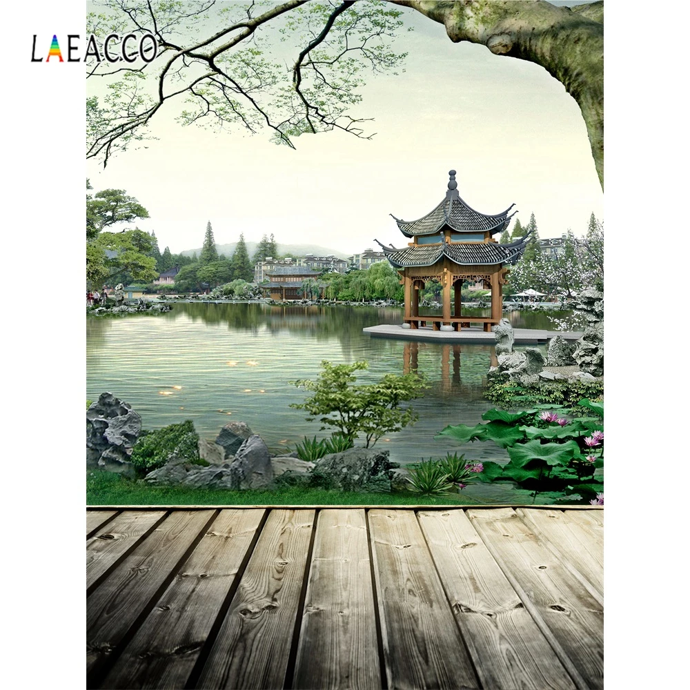 

Laeacco Chinese Building Lake Pavilion Scenery Photography Background Seamless Customized Photocall Backdrops For Photo Studio