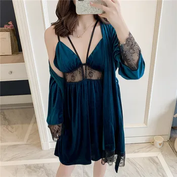 

Sexy Perspective Lady Kimono Robe Bathrobe Gown Sleepwear Blue Velvet Home Dressing Nightgown Lace Nightdress Homewear Nightwear