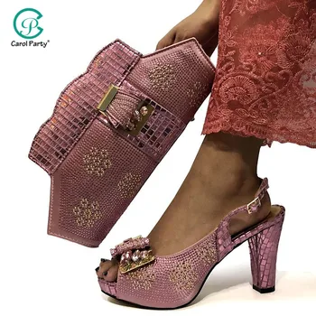 

Hot Selling Shoes and Bag Set African Sets 2019 Pink Color Italian design Shoe Bag Set Decorated with Rhinestone High Quality