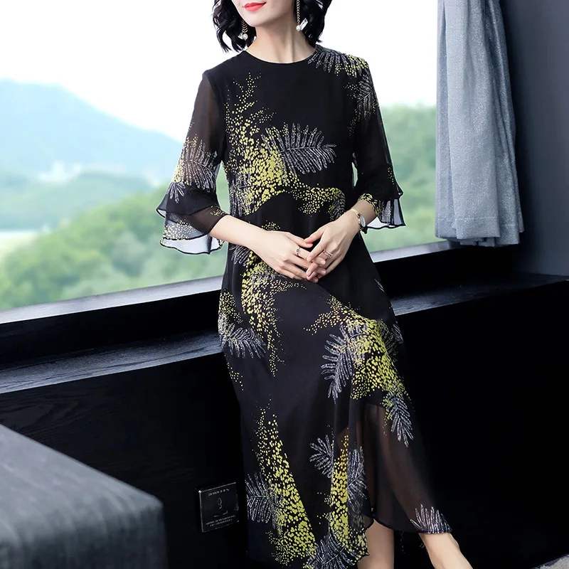 

black chiffon golden floral silk dresses women 2020 summer long casual office work beach party dress plus size luxury dropship