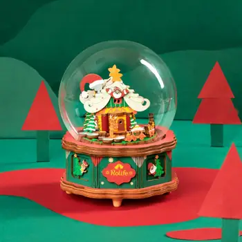 

Wooden Music Box Christmas Town Musical Snow Globe for Home Decor