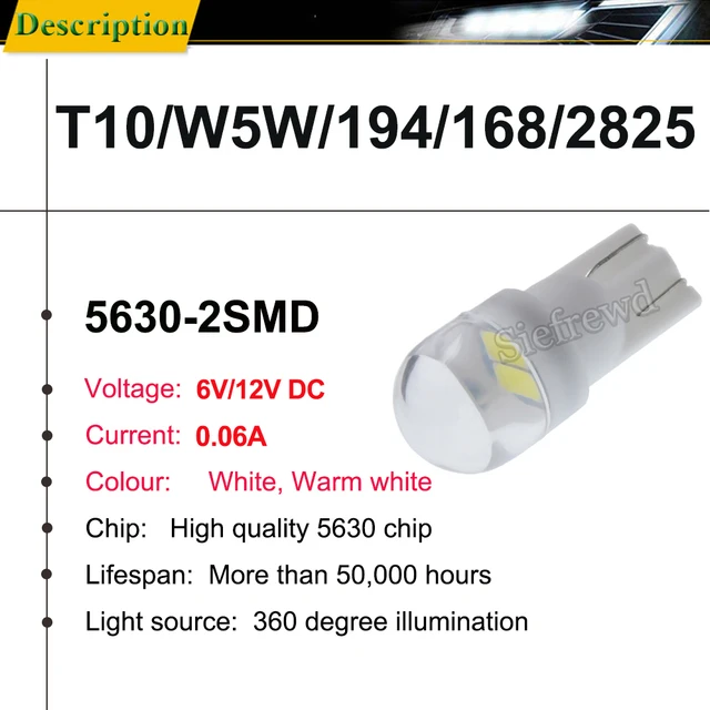 2-Pack Super Bright T10/W5W/168/194 LED Wedge Bulbs | 5 SMD 5050 Bulbs (White) 10 thumbnail image
