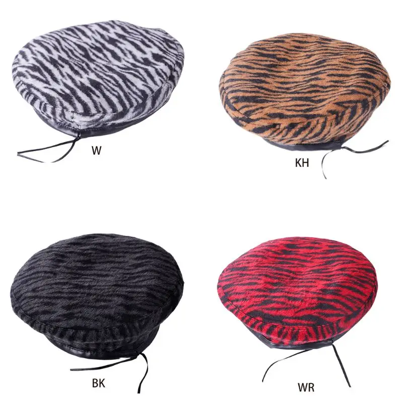 

British Style Women Girls Vintage Faux Felt Beret Cap Animal Tigher Zebra Stripes Printed Winter Adjustable Painter Beanies Hat