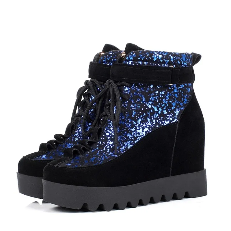 

US4-11 Womens Platform Squins Bling Stitching Suede Leather Ankle Boots Wedge Hidden Heel Shoes Casual Black Blue Red Plus Size