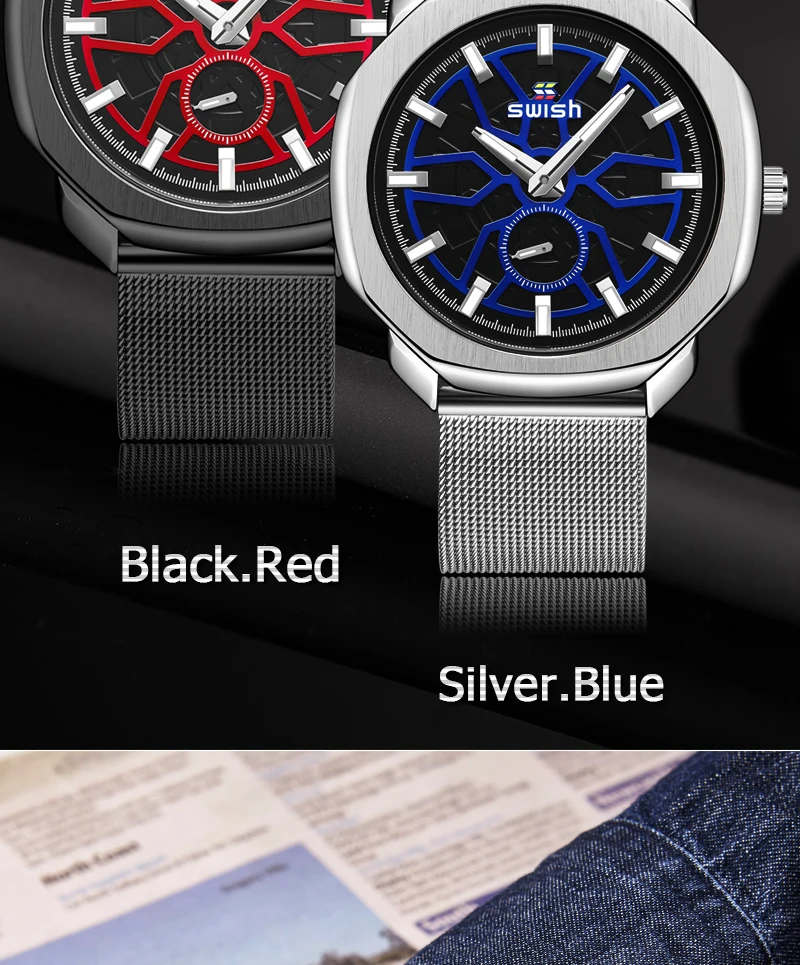 SWISH Brand Designer Quartz Watches Men Stainless Steel Dress Wristwatch 2021 New Fashion Milan Strap Small Second Dial Working