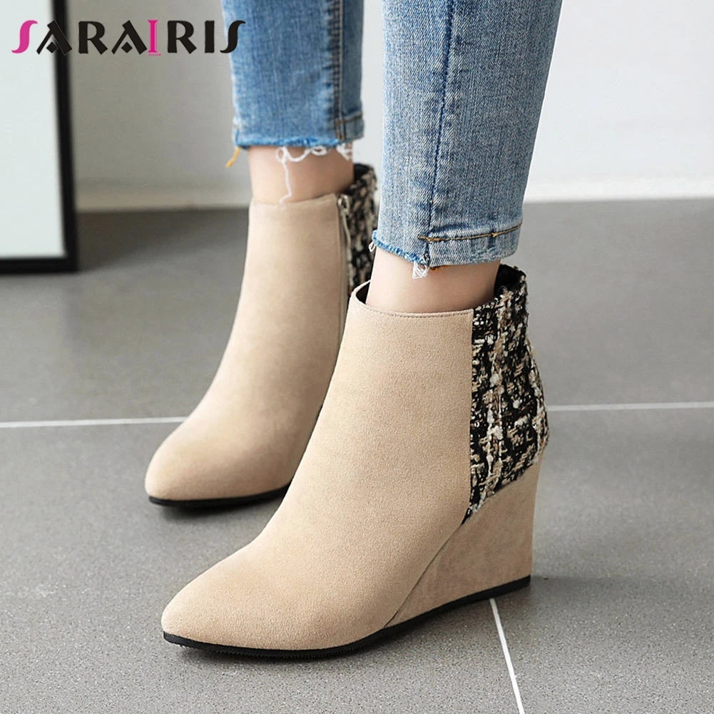 

SARAIRIS Fashion Women High Top Ankle Boots Sexy Pointed Toe Wedge HigH Heeled Shoes Woman Zip Up Nubuck Boots Big Size 33-43