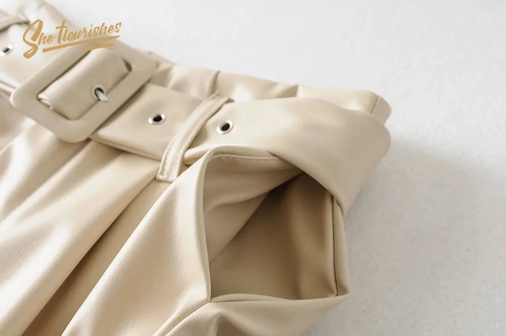 Женские шорты sheflouses из искусственной кожи с высокой талией, сексуальные зимние шорты с поясом, офисные повседневные шорты с карманами, черные, бежевые, SFA4d