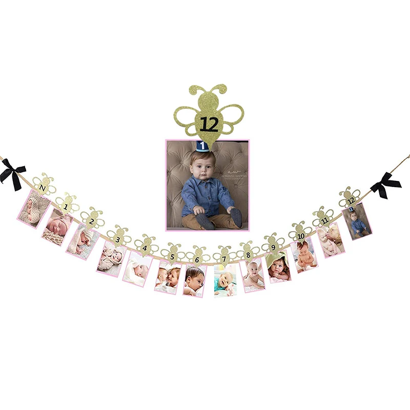 

Bumble Honey Bee 1st Birthday Baby Photo Banner for Newborn to 12 Months Monthly Milestone Photograph Bunting Garland Decoraion