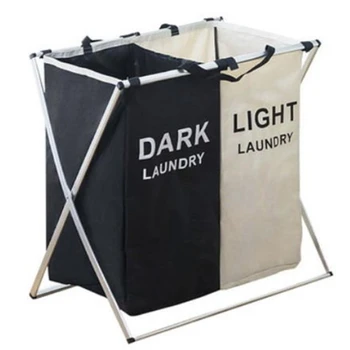 

Laundry Basket Two Grids Dirty Clothes Storage Basket Organizer Basket Collapsible Waterproof Folding Large Laundry Hamper-Black