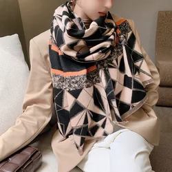 2022 Luxury Brand Winter Scarf Double-sided lady Cashmere Warm Thick Geometry Shawl Wrap Pashmina Bufanda Hijab Scarves